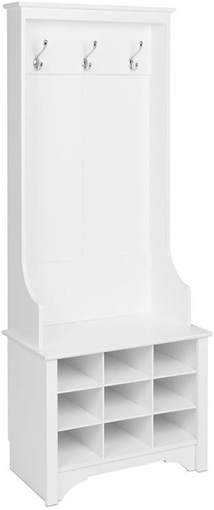 Prepac White Hall Tree, Shoe Cabinet, Storage Cabinet with 9 Shoe Cubbies and 3 Double Coat Hooks 15.5" D x 27" W x 68" H