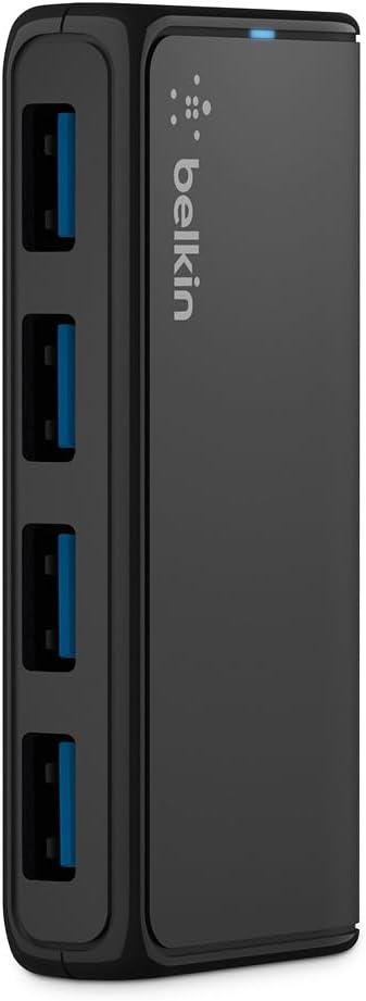 Belkin 4-Port USB 3.0 Hub – SuperSpeed Powered Station with 5 Gbps Data & Charging, Compact Desktop Adapter for Laptops, iPhone Chargers, Printers, Storage Devices – Black