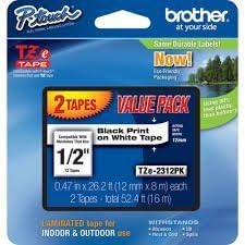 Genuine OEM brand name Brother TZeTape Black on White for PT200 1/2" 26' (2 Pack) TZE2312PK by Brother