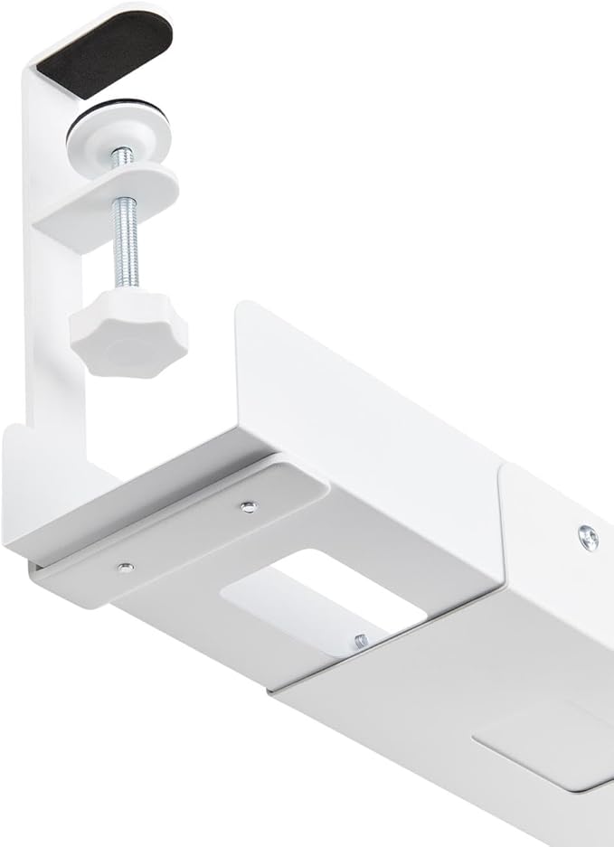 StarTech.com Under Desk Cable Management Tray, Length Adjustable, Clamp-On Installation, No Drilling Required, White