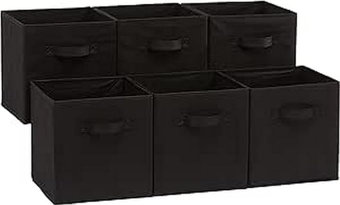 Amazon Basics Collapsible Fabric Storage Bins Organizer with Handles, Sturdy, Foldable, 10.5" x 10.5" x 11", Black, 6-Pack