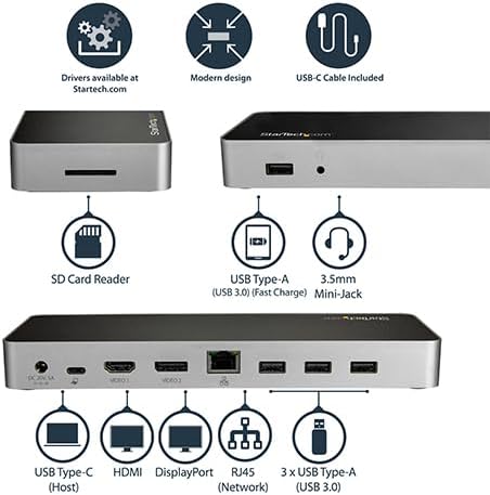 StarTech USB C Dock - Dual Monitor HDMI & DisplayPort 4K 30Hz - Laptop Docking Station 60W Power Delivery, SD, 4-Port USB-A 3.0 Hub, GbE, Audio - Thunderbolt 3 Compatible (DK30CHDDPPD)