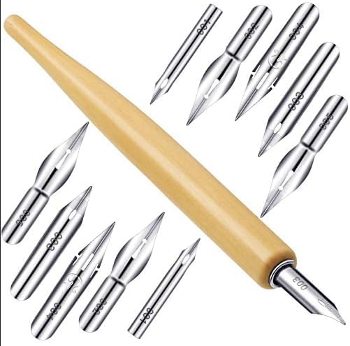 11 Pieces Comic Pen Nib Set, G Ink Pen Nib Stainless Steel Drawing Calligraphy with Wooden Holder for Writing, Painting, Signing(White)