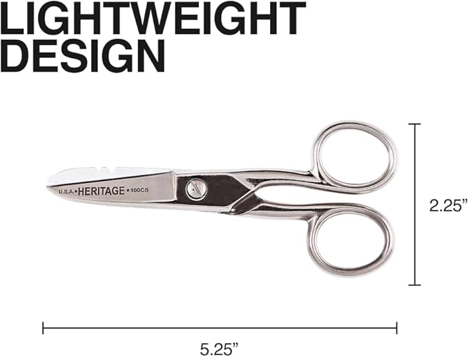 Klein Tools 100CS All-Purpose Precision Scissors, Made in USA, 5.25-Inch Nickel-Plated Snips, Blunt Tip, and Wire Stripping Notches, Multi-Purpose for Professional and Home Usage