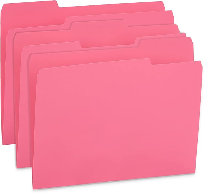 100 Blue Summit Supplies Pink File Folders, Letter Size with 1/3 Tab, Durable 11pt Paper, Pink File Folder 100 Pack, Holds Letter Size Documents
