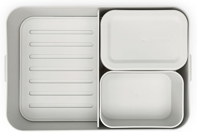 Brabantia Make & Take Bento Lunch Box (Light Gray) 2 Compartments & Lidded Pot, Lift-Out Tray Divider, BPA-Free, Airtight Snap Locks, Microwave & Freezer Safe, Travel Meal Prep Container