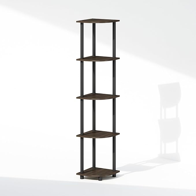 Furinno Turn-N-Tube Storage Shelves, 5-Tier Book Shelf, Corner Shelf, Toolless Open Shelves, for Organization and Storage, Living Room, Home Office, Hallway, Bedroom, Dark Brown Grain