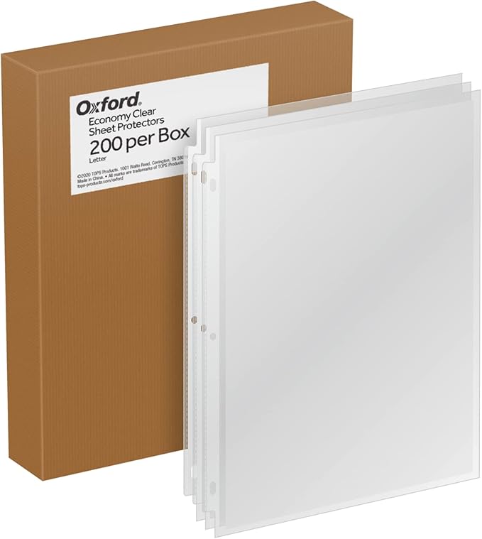 Oxford Sheet Protectors, Clear Finish, Page Protectors for 3 Ring Binder,Top Load, Letter Size Plastic Sleeves, Reinforced 3 Hole Punch for Binders, 200 per Box (33268)