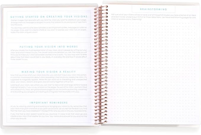 Erin Condren 7" x 9" Prompted Vision Journal - Turquoise Changeable Cover w/Platinum Coil. Vision Spreads, Lined, Dot grid, Sketchbook pages w/ 160 Pages, 80 Sheets of 80# Mohawk Paper