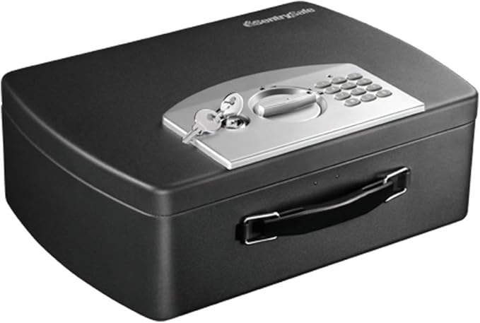 SentrySafe Portable Black Safe Box with Digital Keypad Lock, Small Steel Travel Safe with Carrying Handle for Money, Passport, 0.21 Cubic Feet, 4.4 x 13 x 10 Inches, P021E