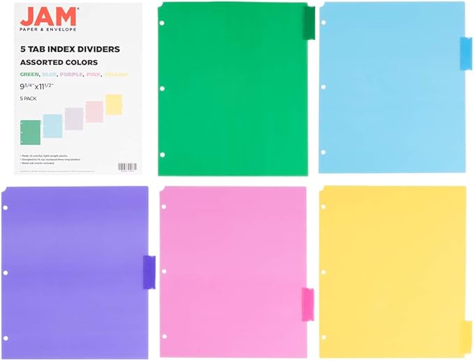 JAM PAPER Plastic Index 5-Tab Dividers - 9 3/4 x 11 1/2 - Assorted Multi-Color - 6 Packs of 5 Tabs/Set