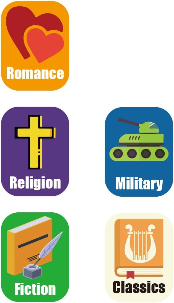 Genre Book Spine Labels for Classroom Library | 450PCS Stickers for Classroom Book Organization (Romance Religion Fiction Military Classics)