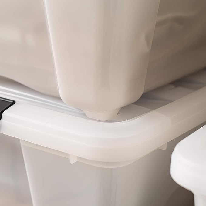 IRIS USA 54 Qt Stackable Plastic Storage Bins with Lids, 6 Pack - BPA-Free, Made in USA - Discreet Organizing Solution, Latches, Durable Nestable Containers, Secure Pull Handle - Pearl