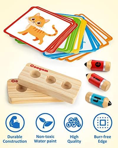 Coogam Wooden Short Vowel Spelling Games, Learn to Spell CVC Sight Words Educational Flashcards Fine Motor Montessori Alphabet Toy Gift for Kids 3 4 5 Years Old