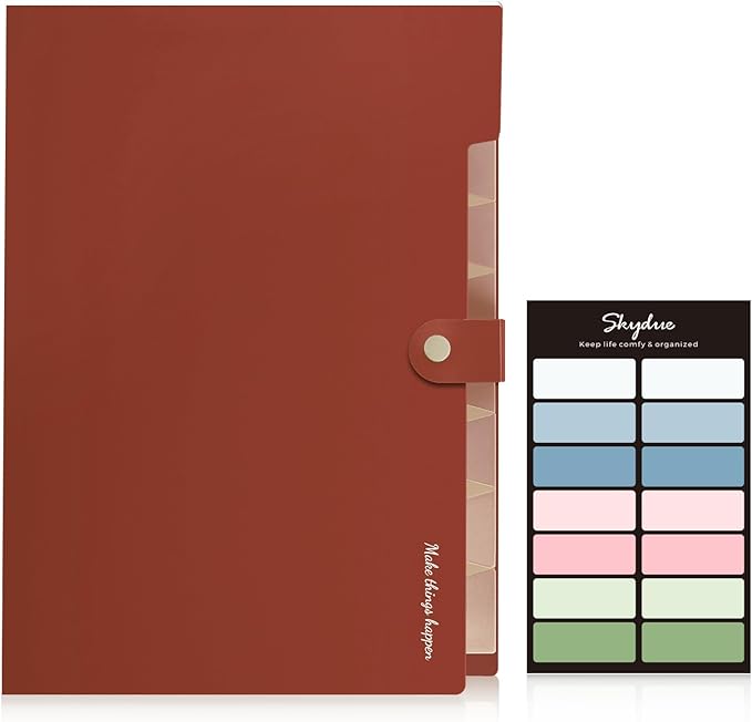 SKYDUE File Folder with Labels, Accordion File Organizer with 8 Pockets, Portable Document Organizer, A4 Letter Size, Paper Organizer for Office, Brown