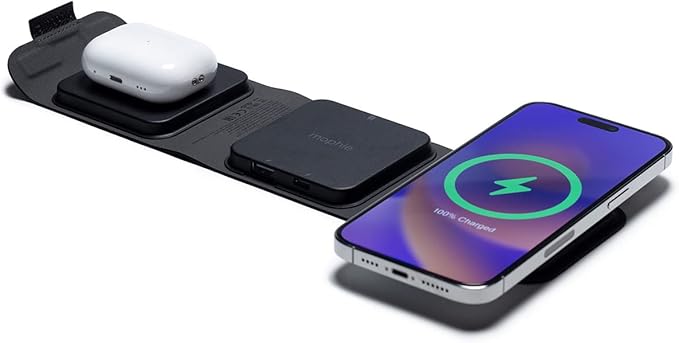 mophie Wireless 3 in 1 Travel Magnetic Wireless Charging Station, Multiple Devices, Compatible with Apple iPhones, Google, Samsung Devices, AirPods, BYO Watch Charger. (Watch Charger not Included)