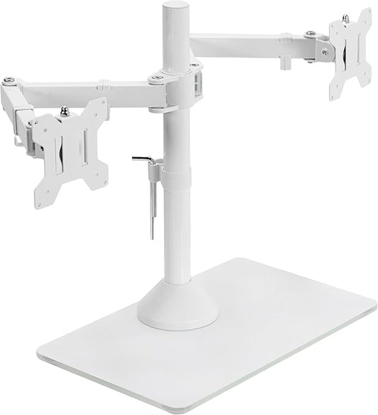 VIVO Freestanding Dual Monitor Stand with Sleek Glass Base and Adjustable Arms, Mounts 2 Screens up to 32 inch and 22 lbs Each, White, STAND-V002FGW