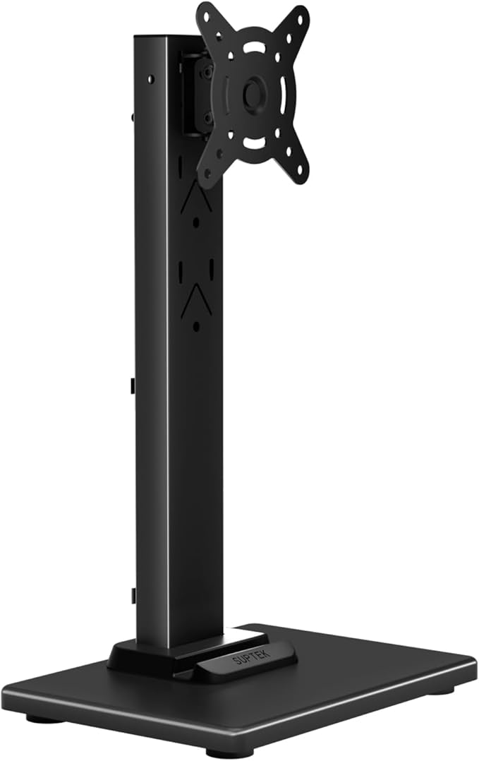 Suptek Single LCD Computer Monitor Free-Standing Desk Stand Mount Riser for 13 inch to 43 inch Screen with Swivel, Height Adjustable, Rotation, 50,75& 100mm Vesa Base Stand, Black