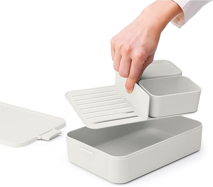 Brabantia Make & Take Bento Lunch Box (Light Gray) 2 Compartments & Lidded Pot, Lift-Out Tray Divider, BPA-Free, Airtight Snap Locks, Microwave & Freezer Safe, Travel Meal Prep Container