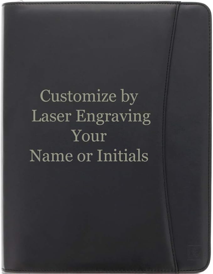 Customized Black Zippered Portfolio Binder - Engraved PU Leather Business Portfolio Organizer - Padfolio for Men & Women with US Letter Notepad, 10.5 Inch Tablet Pocket & Gift Box by Lautus Designs