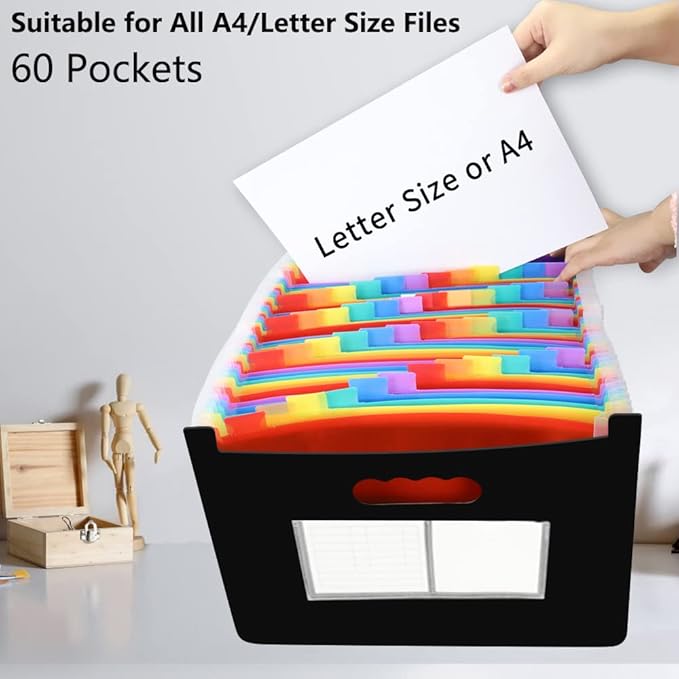 AFMAT Accordian File Organizer, 60 Pockets Large Expanding File Folder Organizer with Blank Labels, Letter/A4 Size Accordion Files Organizers Expandable for Receipt, Bill, Tax, Legal AF01