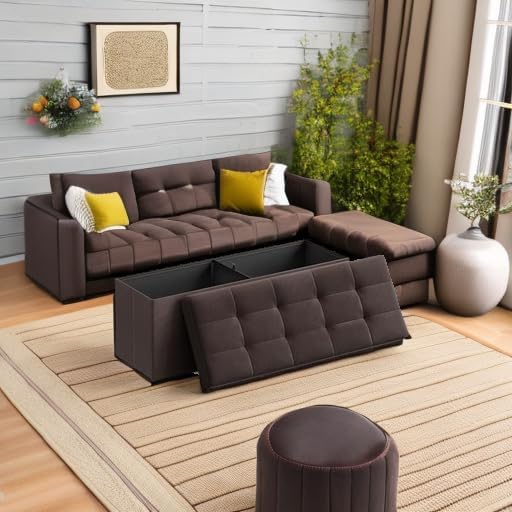 SONGMICS MAZIE Collection - 43 Inches Folding Storage Ottoman Bench, Ottoman Foot Rest, End of Bed Bench, Storage Chest, Load 660 lb, for Living Room, Bedroom, Entryway, Brown ULSF77BR