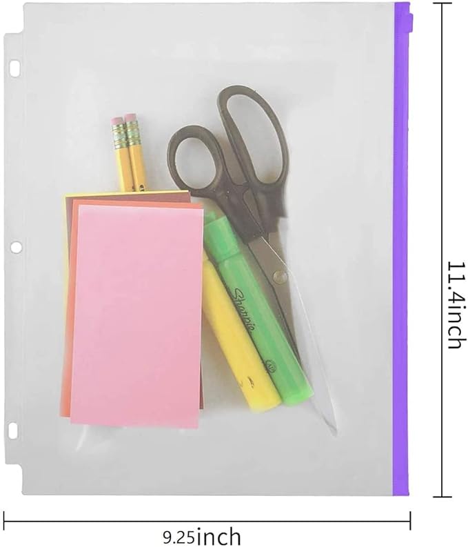 YoeeJob 3 Holes Clear PVC Zipper Binder Pocket Insert Pages Letter Size, 8 1/2"x 11 Loose Leaf Binder Filing Storage Bags 50 Packs (5 Color)
