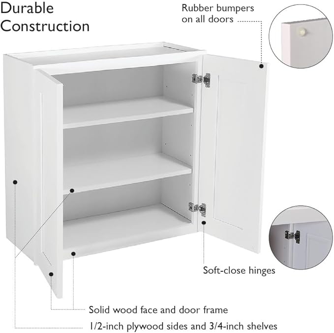 Design House Brookings Shaker Fully Assembled Wall Kitchen Cabinet W3324, 33 W x 12 D x 24 H, Painted White, Solid Wood, Design House, 613406