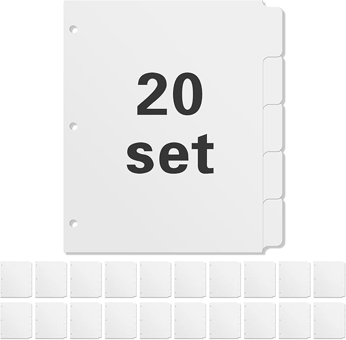 3 Ring Binder Dividers with 5 Tabs, Write & Erase Plastic Binder Dividers Durable 3 Hole Punch Dividers Letter-Size 1/5 Cut Big Tabs Dividers, 20 Set, 100 Dividers Total