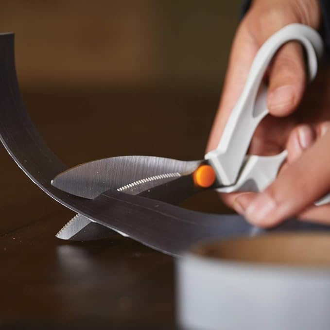Fiskars SoftGrip PowerCut Fabric and Mixed Media Scissors - 8" Heavy Duty Scissors for Fabric, Cardboard, Cork, Decorative Metal and Foam Cutting with Serrated Blade Edge - White