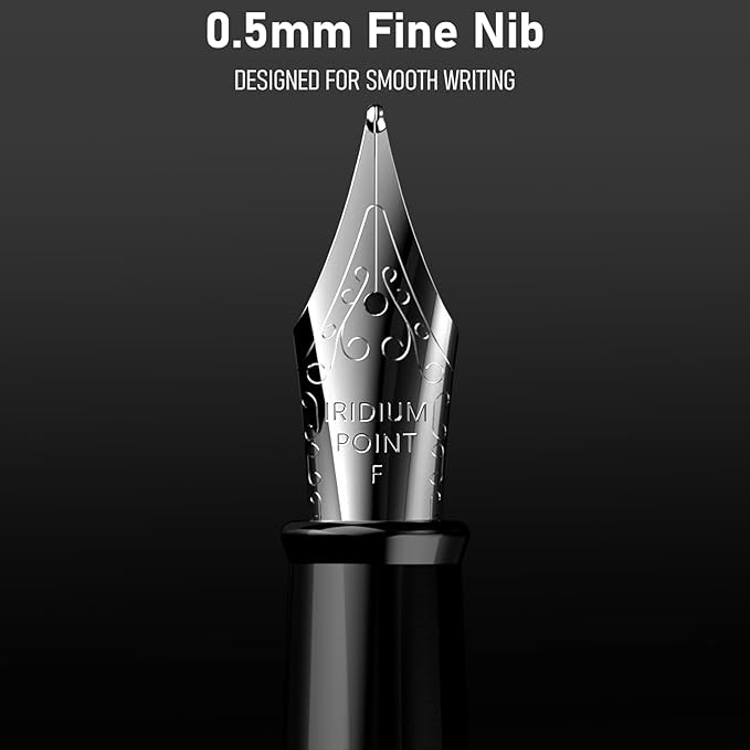 Nicpro Fountain Pen Set with Box, Classic Black Fancy Pen with Converter, 0.5mm Fine Nib Smooth Writing Calligraphy, Luxury Gift Pen