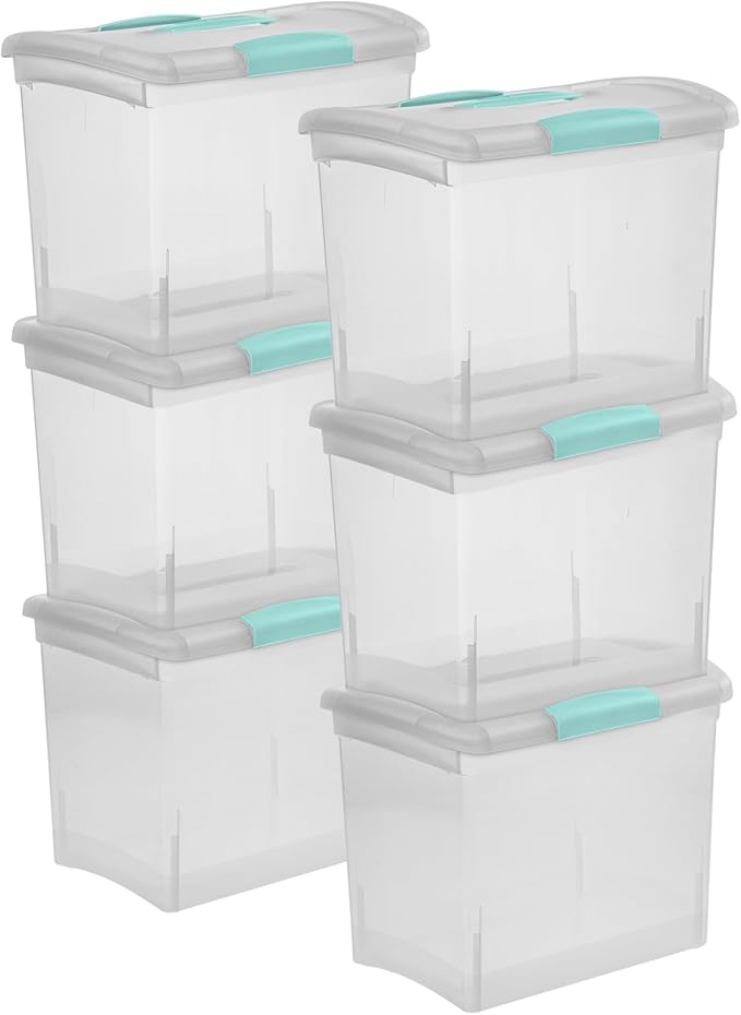 Sterilite Large Nesting ShowOffs, Stackable Small Storage Bin with Latching Lid and Handle, Plastic Container to Organize Office Files, Clear, 6-Pack