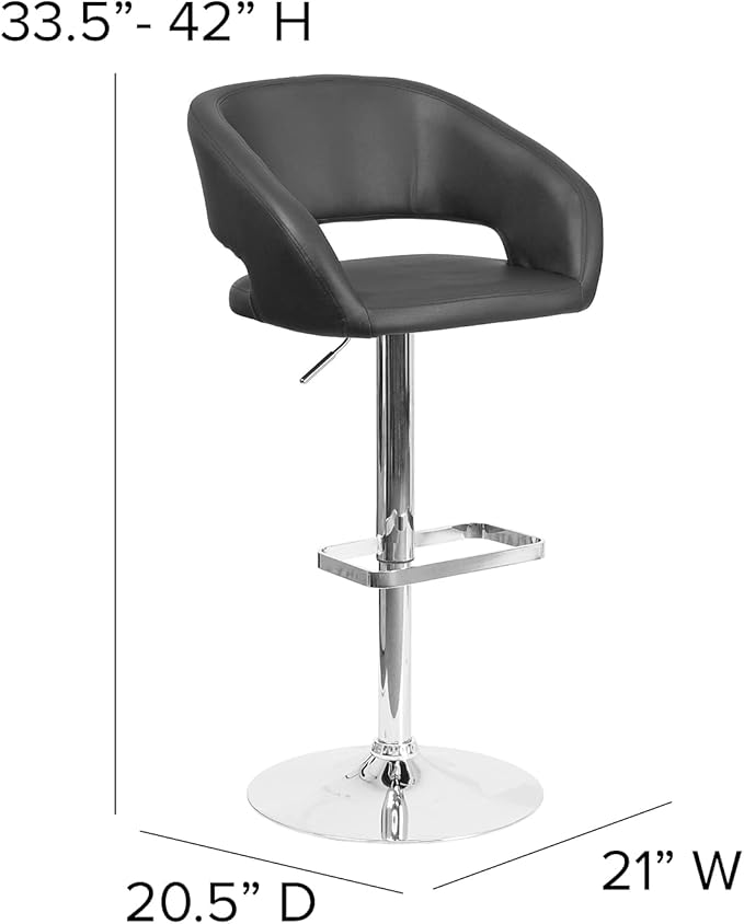 Flash Furniture Erik Comfortable & Stylish Contemporary Barstool with Rounded Mid-Back and Foot Rest, Adjustable Height - Black Vinyl with Chrome Base