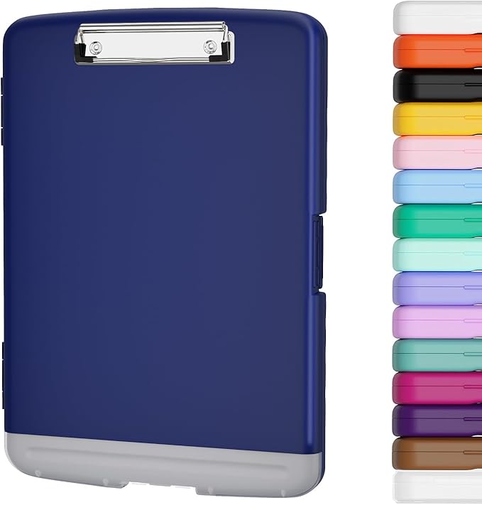 Piasoenc Clipboard with Storage, 8.5 x 11 Organization Box with Pen Holder and A4 Legal Paper Folder, Heavy Duty Plastic, Folio & Side-Opening, Low Profile Clip for Nurses, Teachers,Navy Blue