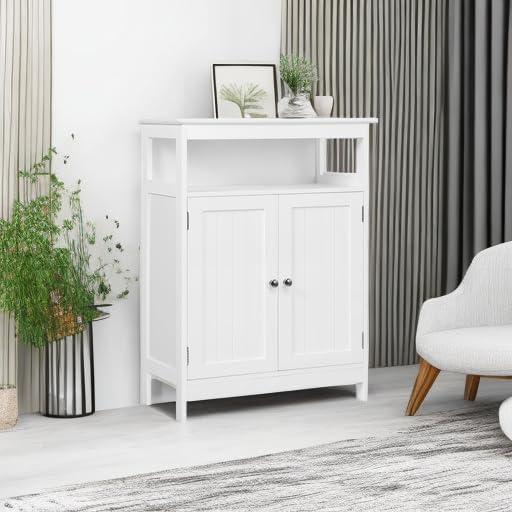 Yaheetech Bathroom Floor Storage Cabinet, Wooden Free Standing Storage Organizer with 2 Doors & Adjustable Shelves, for Living Room Hallway, White