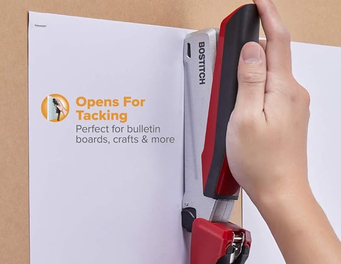 Bostitch Office InPower Spring-Powered Premium Desktop Stapler - One Finger, No Effort, Red/Silver (1117)