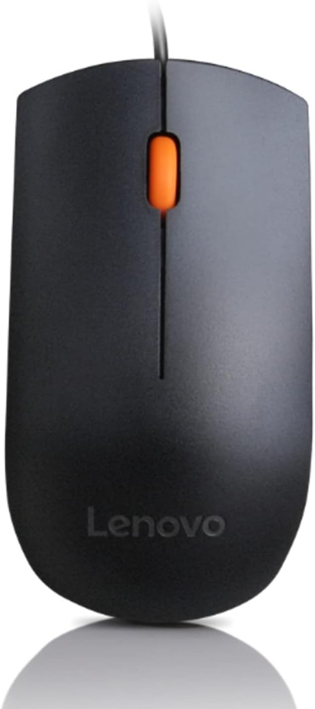 Lenovo 300 USB Wired Computer Mouse - Full Size Optical Ambidextrous Mouse with 1600 DPI, Reliable USB-A Wired Connection, Easy 3-Button Navigation – Long Lasting, Durable Basic Mouse, Black