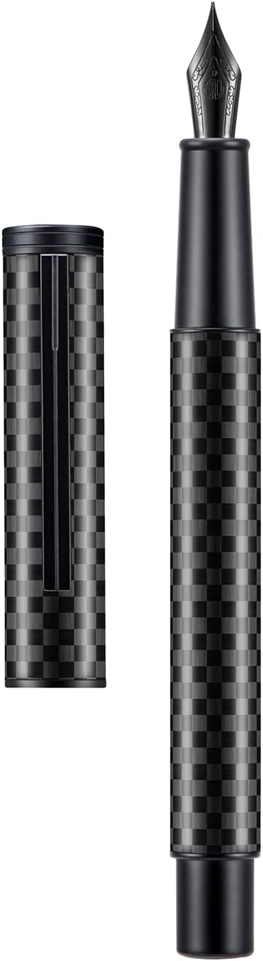 Hongdian Black Carbon Fiber Fountain Pen Extra Fine Nib Elegant Design Smooth Writer with Refillable Converter and Metal Pen Case Set