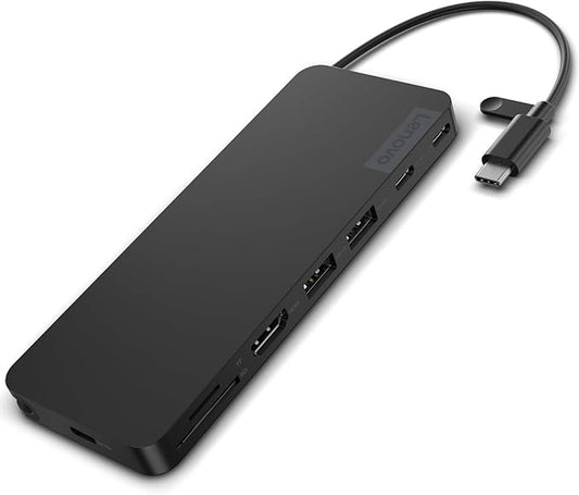 Lenovo USB-C Slim Travel Dock, 8 Ports, Up to 65W PD Pass Through, Integrated USB-C Cable, 4K Display Support, Black