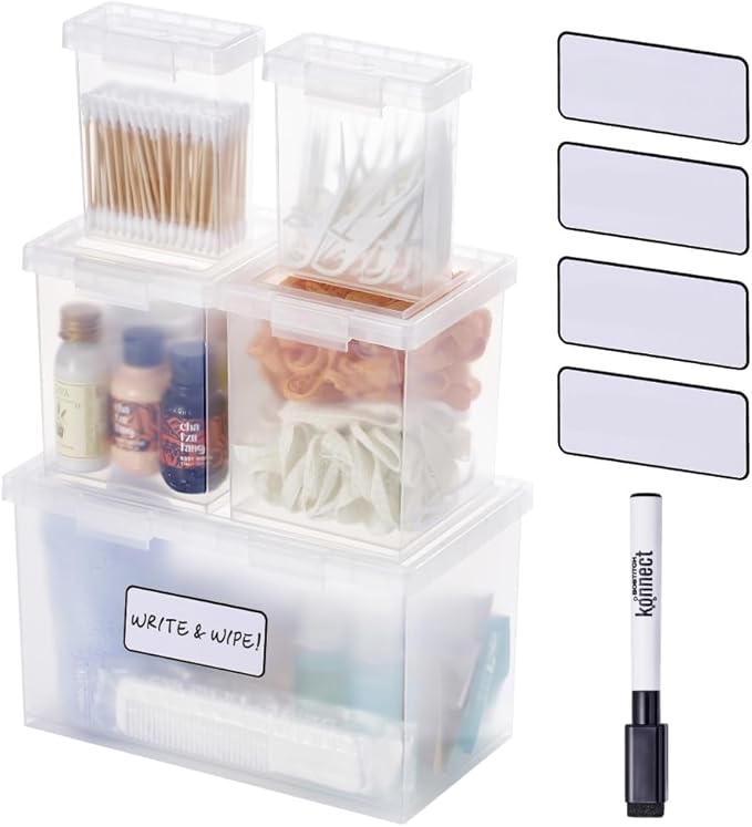 Bostitch Konnect Storage Containers with Lids, Organizer, Clear Plastic Box, Stackable Nesting Bins, 5-Piece Bundle, 1 Large, 2 Medium, 2 Small