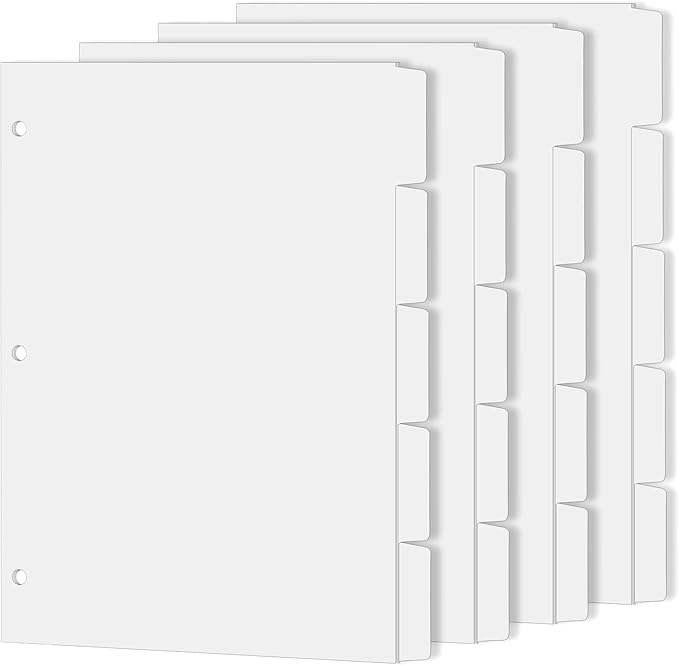 Binder Dividers for 3 Ring Binder, 1/5 Cut Tabs, Letter Size, Blank Write On Page Dividers with 5 Big Tabs for School Office Home, 4 Sets, 20 Dividers, White
