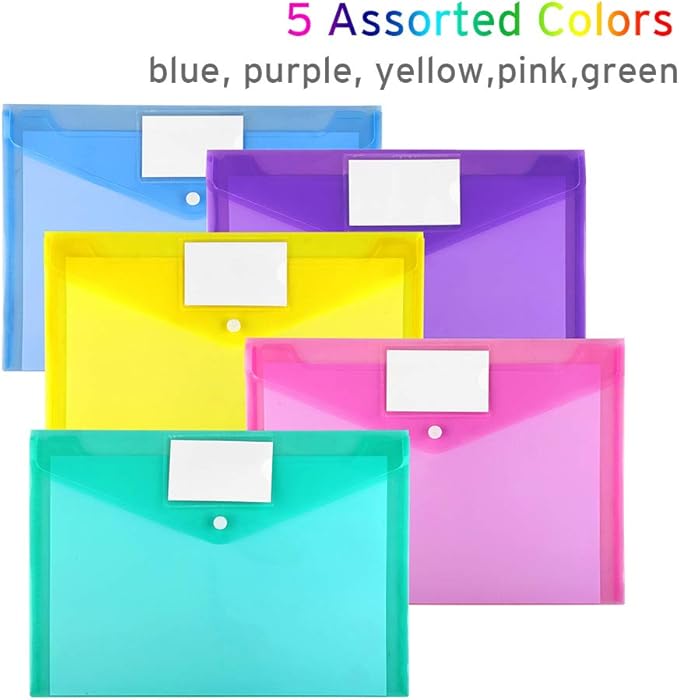 Sooez 20 Pack Folders Plastic Envelopes, Clear Plastic File Folder for Document, Letter A4 Size Poly File Envelopes with Label Pocket, Snap Button for Home Work Office Organizer, 5 Colors