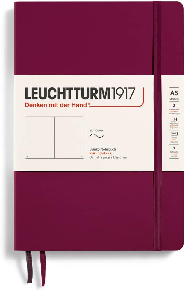 LEUCHTTURM1917 - Notebook Softcover Medium A5-123 Numbered Pages for Writing and Journaling (Plain, Port Red)