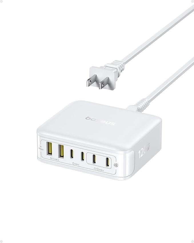 Baseus Charging Station 120W, 6-in-1 USB-C PD Fast Charging Desktop Charger with 5ft Extension Cord, 4 USB C, 2 USB A Ports, Travel Power Strip for iPhone 17/16, iPad Pro, MacBook Pro, Tablet and More
