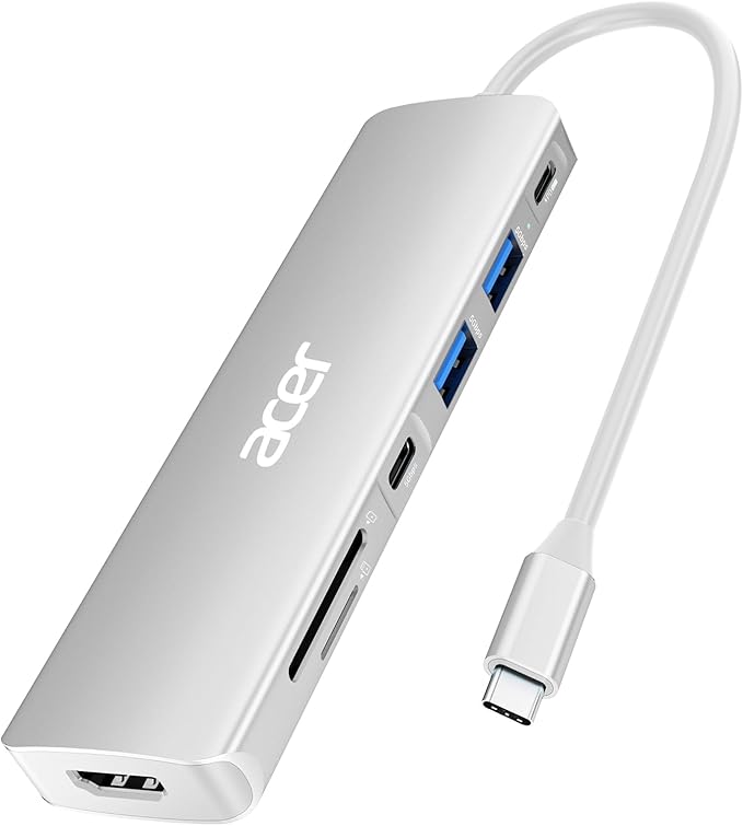 Acer USB C Dock, 7 in 1 USB-C to HDMI Hub, 2 USBA 3.1 GEN1 and 5Gbps Type-C Data Port, 4K HDMI Port, PD 100W Charging, SD Card Reader, for iPad Pro MacBook Pro Laptops and More (Silver)