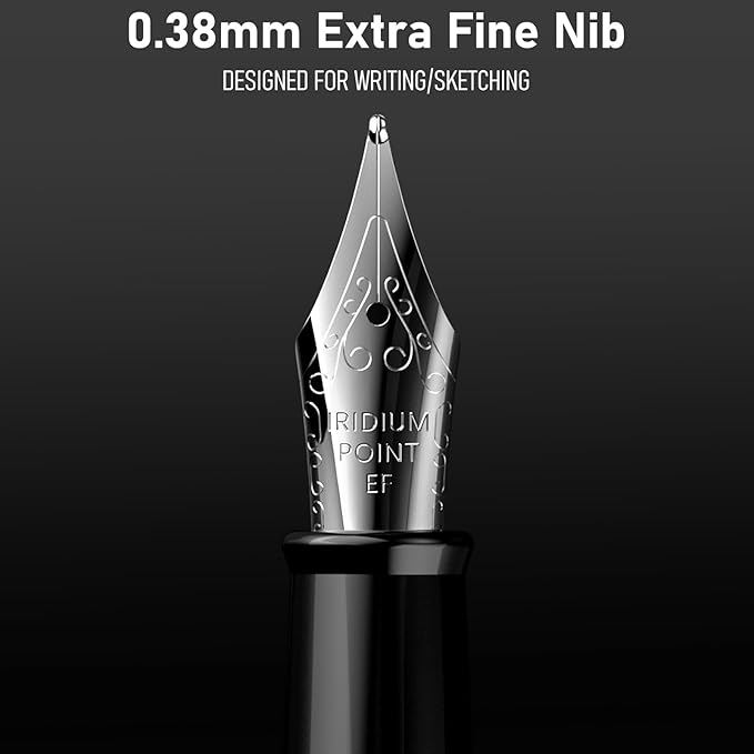 Nicpro Fountain Pen Set with Box, Classic Black Fancy Pen with Converter, 0.38mm Extra Fine Nib Smooth Writing Calligraphy, Office, Business, Luxury Pen