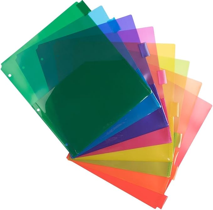 JAM PAPER Plastic Index 8-Tab Dividers w/Double Pockets - 9 3/4 x 11 1/2 - Assorted Multi-Color - 2 Packs of 8 Tabs/Set