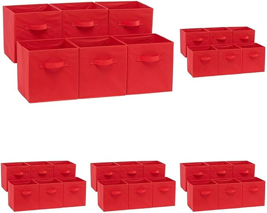 Amazon Basics Cube Organizer Storage Bins Handles, Collapsible Fabric, 10.5"x10.5"x11", Red (Pack of 30)