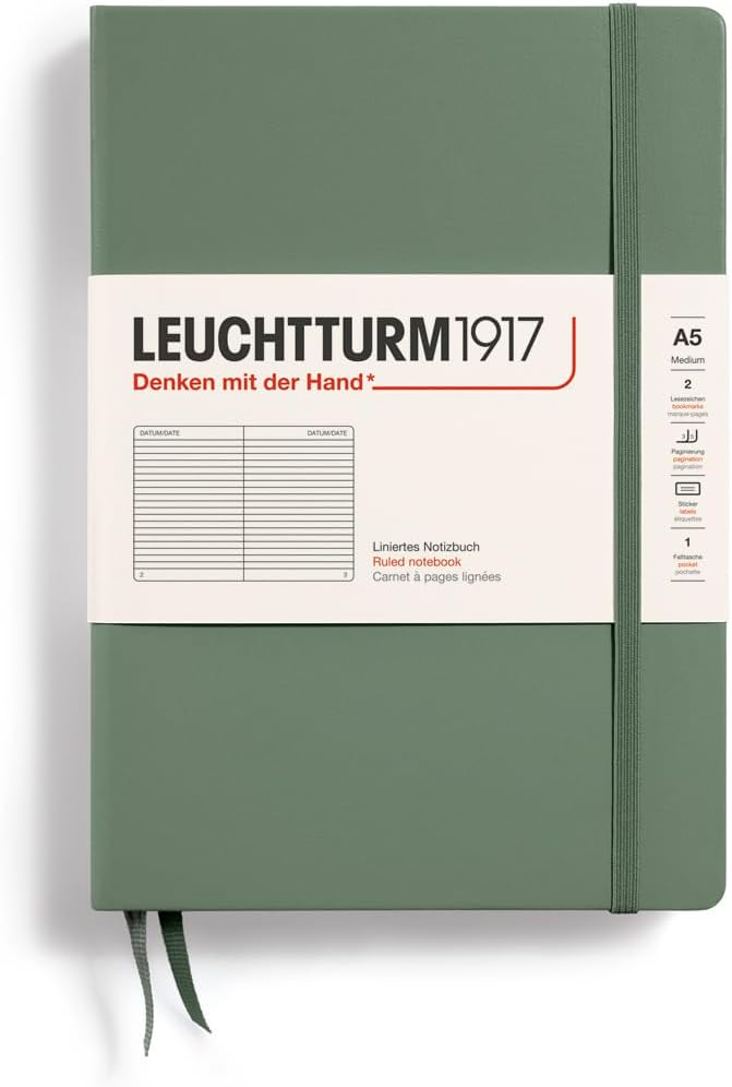 LEUCHTTURM1917 - Notebook Hardcover Medium A5-251 Numbered Pages for Writing and Journaling (Olive, Ruled)