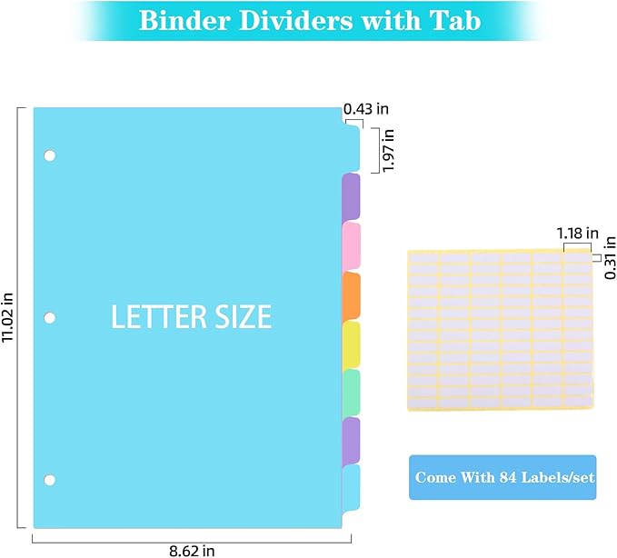 3 Ring Binder Dividers with TAB,48PCS/6 Set Plastic File Dividers,8 Tab 3 Hole Punch Dividers,Pastel Color,Letter Size,6 Sets
